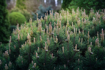 Young coniferous bush with small cones on the branches, bright lush greenery in a spring garden