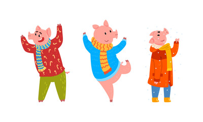 Set of Cute Funny Pig Characters Dressed Warm Bright Clothes Having Fun Cartoon Vector Illustration
