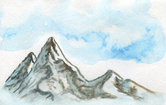 Watercolour drawing of a mountain.Blue,green, and gray mountains. Nature