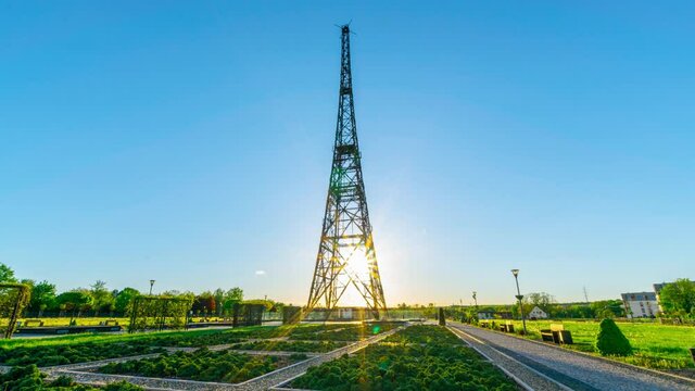 Wooden radio tower at sunset in Gliwice city, Silesia, Poland