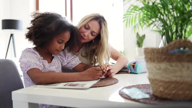 Mother helping daughter with homework 
