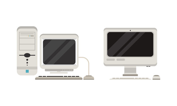 Set of Old Fashioned Personal Computers, Retro Office Workspace Devices, Pc Monitor with Keyboard and Mouse Flat Vector Illustration
