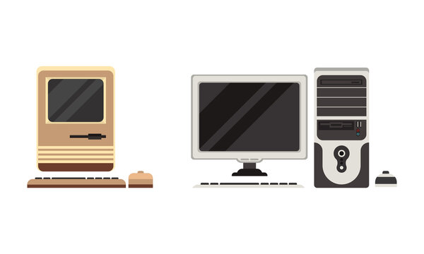 Set of Retro Personal Computers, Old Office Workspace Devices, Pc Monitor with Keyboard and Mouse Flat Vector Illustration