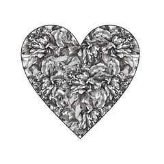 Beautiful monochrome black and white heart decorated by flowers peony. I love you. Valentine illustration. Design for company branding, greeting, wedding and valentine cards, poster, invitation.