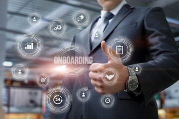 Businessman showing structure onboarding process business on blurred background.
