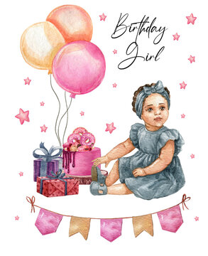Watercolor birthday girl,Fashion baby girl, Boho style birthday card, Toddler girl 2 years old, sitting on the floor,isolated on white background