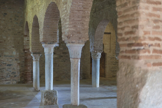 Closeup of the columns of an old cathedral in Aroche, Spain