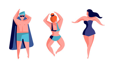 People Sunbathing on the Beach Set, View from Above of Men and Women Relaxing on Summer Vacation Cartoon Vector Illustration