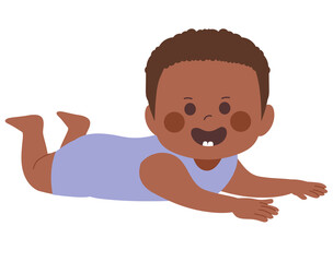 Little black African American baby boy smiling showing first teeth on tummy time pose