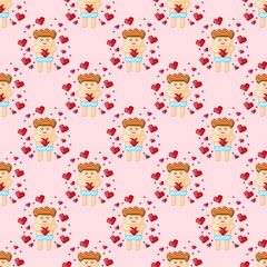 A child hugging a heart in pixel art. Vector illustration. Valentine's Day. Seamless pattern.