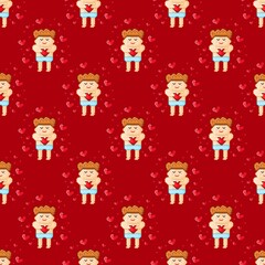 A child hugging a heart in pixel art. Vector illustration. Valentine's Day. Seamless pattern.