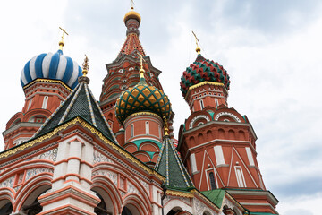 Fototapeta na wymiar Famous Saint Basil cathedral in Moscow on Red Square. Bright colorful domes, symbols of russian red square, recognizable landmark. Travel concept