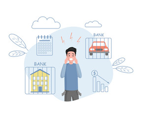 Bankruptcy vector flat illustration. Young man with empty pockets. Budget collapse, investment failure, and economic loan payback problem concept. Man losing home and car, financial issues.