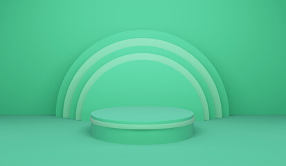 Single pedestal in the shape of a cylinder with a light rim on a blank background with concentric circles in green pastel colors. Studio lighting, 3d render.