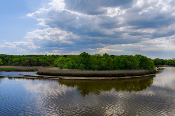 Obraz premium Aerial view of pond on a sunny summer day forest panorama on natural sky daylight composition