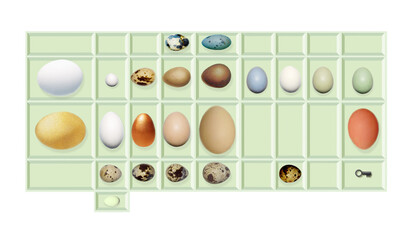 Fantasy collection of eggs. 3d render. Birds, reptiles and a golden egg in separate cells. Illustration on the topic of the housing issue.