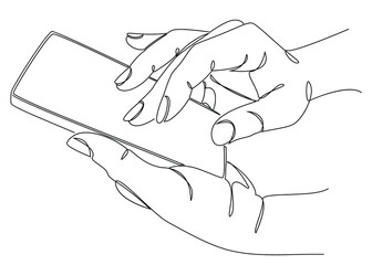 Silhouettes of human hands with a telephone in a modern one line style. Continuous line drawing, aesthetic outline for home decor, posters, wall art, stickers, logo. Vector illustration.