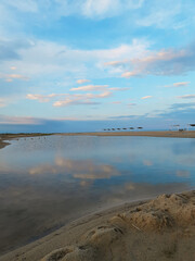 Obraz premium Sea, sky and sand. Background for the screen. Landscape and nature. Sea coast.