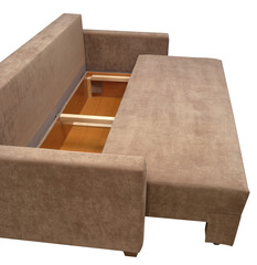 Sofa isolated on white background. Opened storage for bed linen. Including clipping path