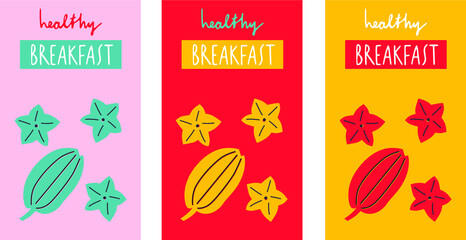 Healthy breakfast banner. Carambola hand drawing logo design. Summer fruits isolated flat vector illustration. Handmade breakfast.