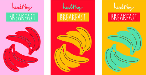 Healthy breakfast banner. Banana hand drawing logo design. Isolated flat vector summer fruits illustration. Handmade breakfast.