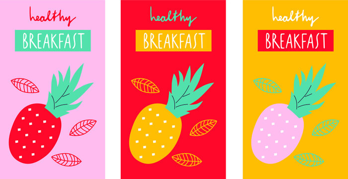 Breakfast Poster set with pineapple and pineapple slice. Vector illustration summer fruits. Good morning set poster. Modern abstract still life.