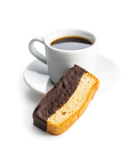 Sliced sponge dessert. Sweet sponge cake with chocolate and coffee cup