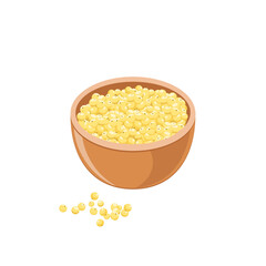 Yellow millet in brown bowl isolated on white. Cereal seed