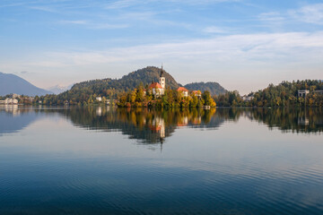 Fototapeta na wymiar Bled lake with the church on the island in Slovenia