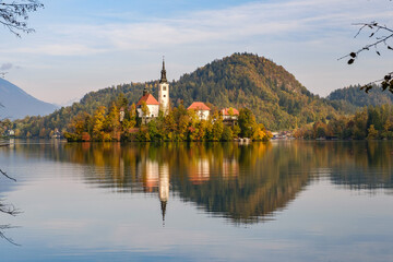 Bled lake with the church on the island in Slovenia