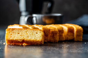 Sliced sponge dessert. Sweet sponge cake