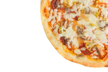 Baked pizza with cheese, tomatoes and mushrooms