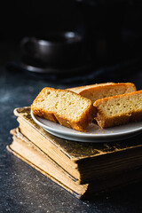 Sliced sponge dessert. Sweet sponge cake