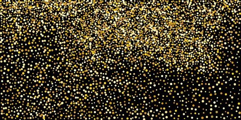 Golden point confetti on a black background. Luxury festive background. Decorative element. Element of design. Vector illustration, EPS 10.