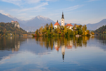 Bled lake with the church on the island in Slovenia