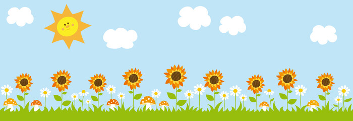 Panoramic landscape with sunflowers, daisies, mushrooms and cute sun.