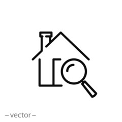 house valuation icon, inspection dwelling with magnifier glass, home search, property buy, thin line symbol on white background - editable stroke vector eps10