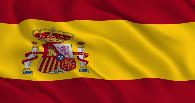 Spanish Flag Seamless Smooth Waving Animation. Wonderful Flag of Spain with Folds. Symbol of the Kingdom of Spain. Flag background. Loop animation, 3D render, 60fps