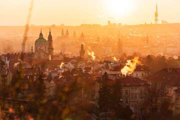 Cityscape of Prague during sunrise golden hour