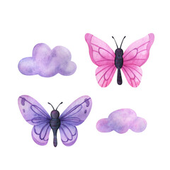 Butterflies in the clouds, a set of watercolor illustrations in pink and purple. Beautiful insects in cartoon style. A clip art with delicate moths isolated on a white background. Decorative elements