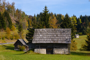 Fototapeta premium old wooden houses under Pokljuka in Slovenia