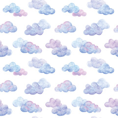 The clouds flying across the sky are pink, lilac, and blue. Seamless pattern with watercolor illustrations. Children's ornament in soft colors on a white background. Printing, for fabric, wallpaper