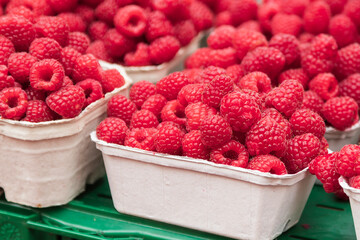 Fresh fruits raspberries, strawberries and blueberries are in paper bowls on the counter. The fruit is intended for sale on the market.