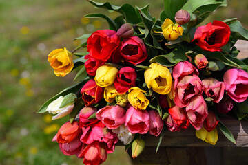 A large bouquet of colorful tulips lies on a wooden table outdoors in spring