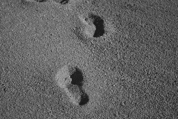 Huellas de pisadas en la arena, blanco y negro