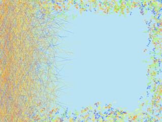 Frame composed of colorful and abstract leaves over central copy space. Digital illustration