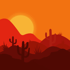 orange sandy desert background with cacti. sandy mountains at sunset