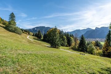 Fototapeta na wymiar Altherrenweg Wanderweg mit Alpen und Oberammergau im Hintergrund