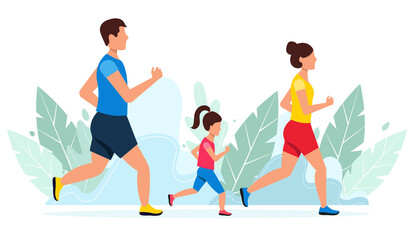 Running family - father, mother and daughter. Summertime sport activity with family. Active and healthy lifestyle.  Flat style vector illustration. Background with leaves. 