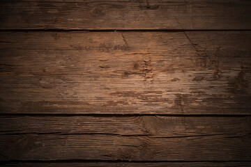 Vintage wood background with vignette. Old wood texture with cracks, scratches, dents.